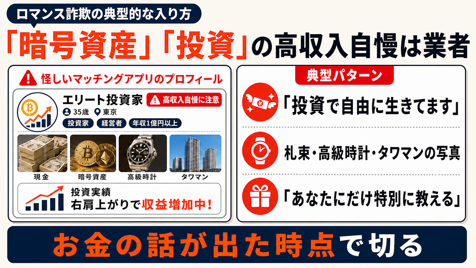プロフィールに「暗号資産」「投資」など高収入自慢がある