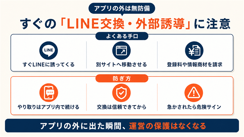 LINE交換や外部サイトへの誘導に注意する