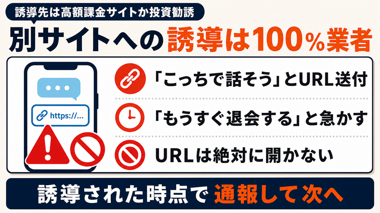 他のアプリ(サイト)や別ツールへの誘導は100%業者