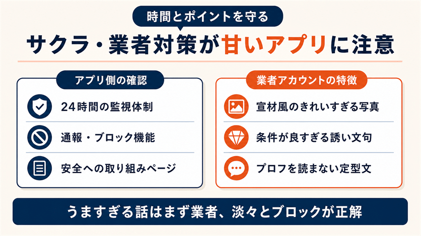 サクラ・業者対策が不十分なアプリに注意する