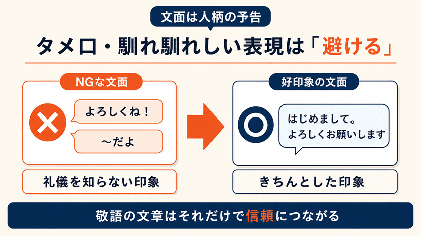 タメ口・馴れ馴れしい表現は避ける