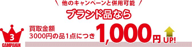 ブランド品なら買取金額3000円の品1点につき1,000円UP