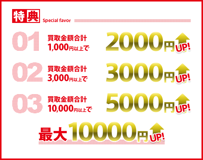 特典 01買取合計1,000円以上で2000円UP  02買取金額合計3,000円以上で3000UP  買取金額合計10,000円以上で5000円UP　最大10000円UP