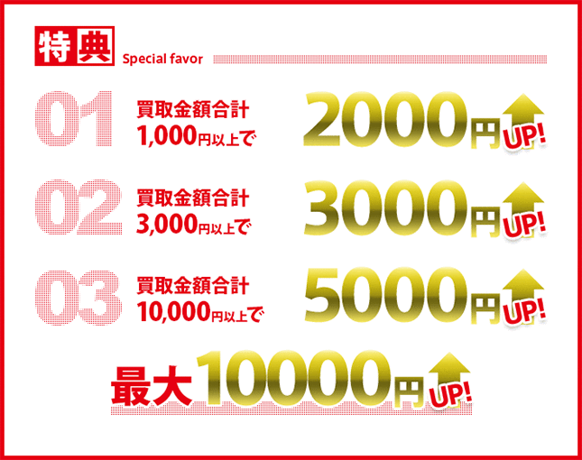 特典 01買取合計1,000円以上で2000円UP 02買取金額合計3,000円以上で3000UP 買取金額合計10,000円以上で5000円UP　最大10000円UP