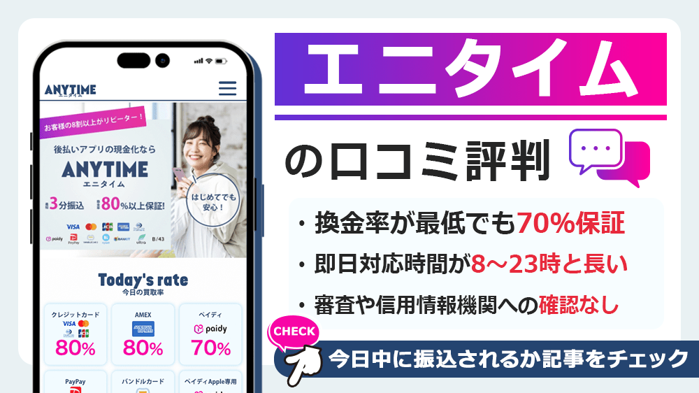 エニタイムで現金化した人の口コミ評判！換金率・営業時間・申込から振込までの流れも解説
